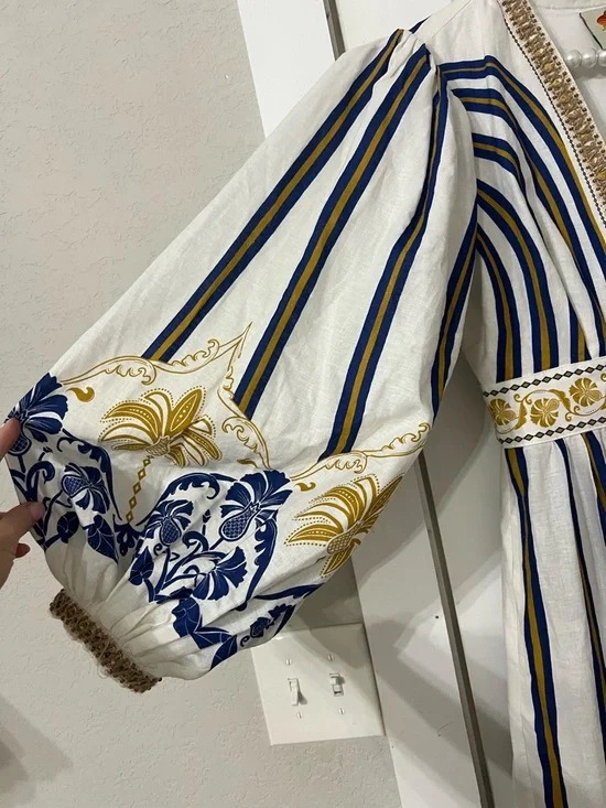 FARM Rio White Maxi Dress with Navy & Gold Stripes - Picture 4 of 5